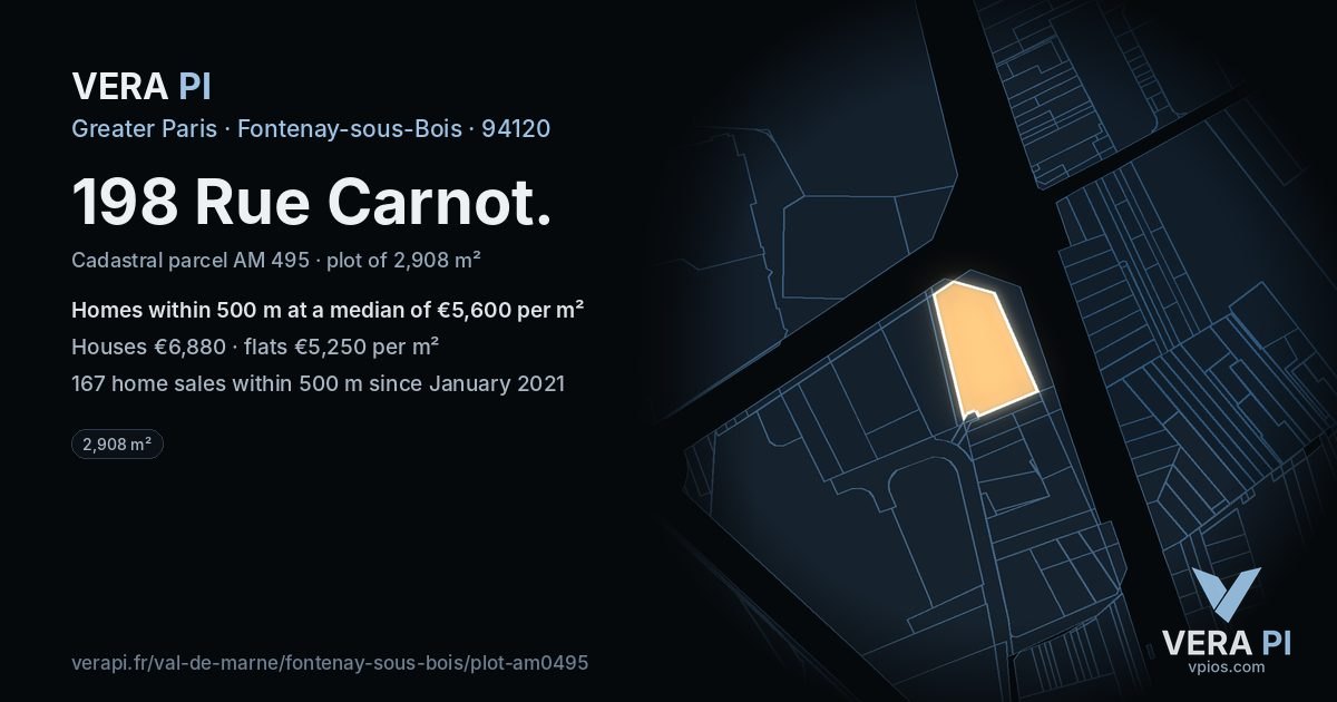 198 Rue Carnot, Fontenay-sous-Bois at night – the plot lit, the parcels around coloured by the prices near them