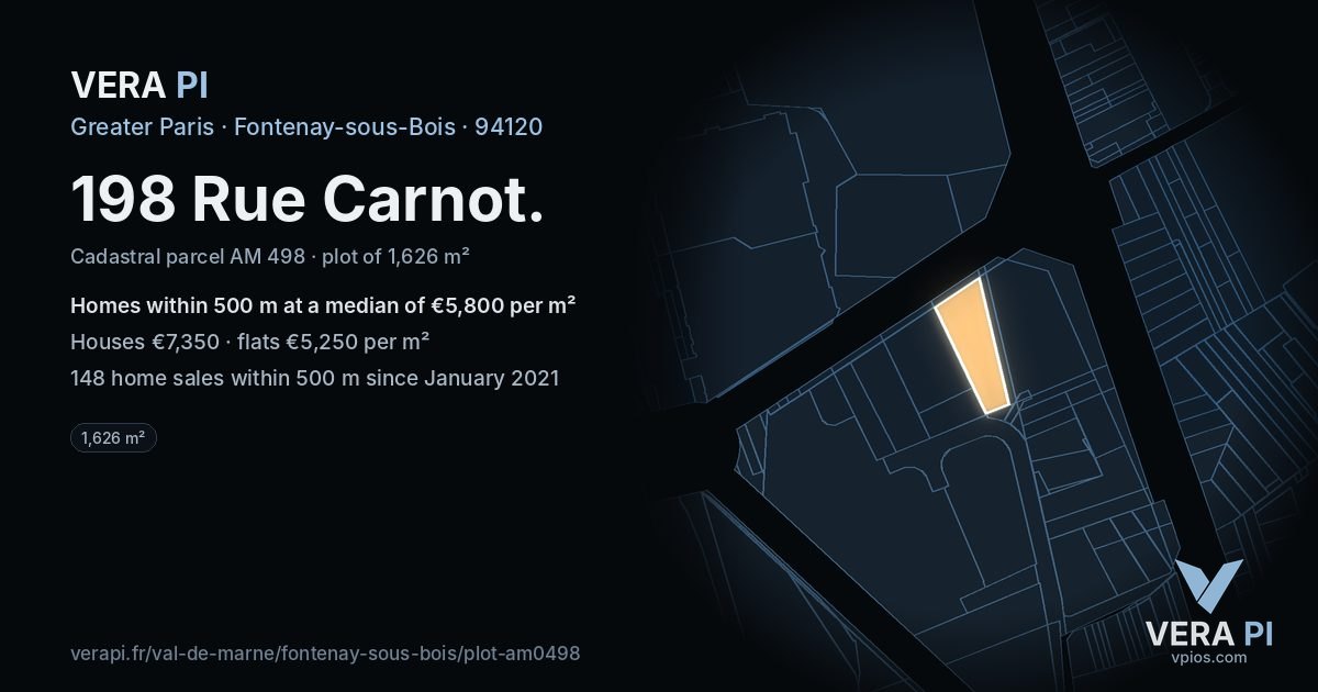 198 Rue Carnot, Fontenay-sous-Bois at night – the plot lit, the parcels around coloured by the prices near them
