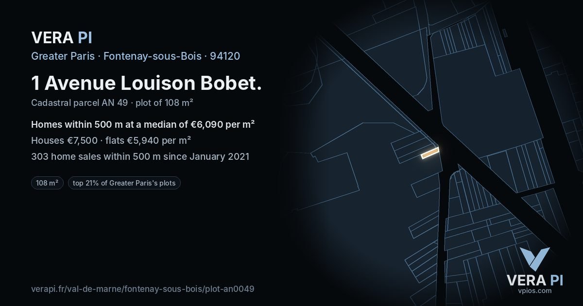 1 Avenue Louison Bobet, Fontenay-sous-Bois at night – the plot lit, the parcels around coloured by the prices near them