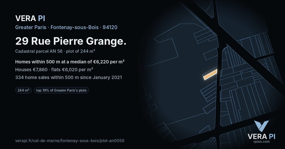 29 Rue Pierre Grange, Fontenay-sous-Bois at night – the plot lit, the parcels around coloured by the prices near them