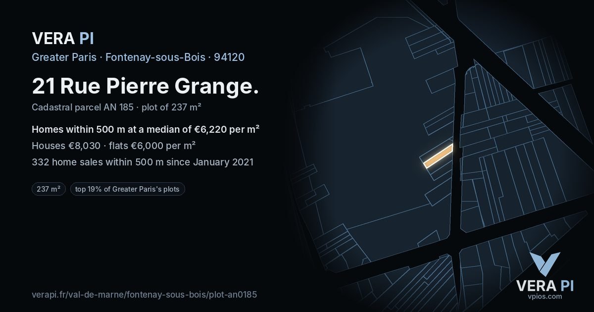 21 Rue Pierre Grange, Fontenay-sous-Bois at night – the plot lit, the parcels around coloured by the prices near them