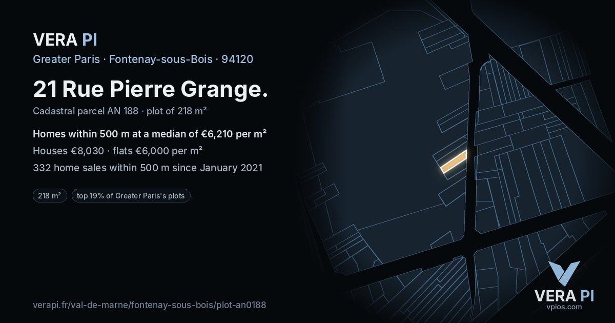 21 Rue Pierre Grange, Fontenay-sous-Bois at night – the plot lit, the parcels around coloured by the prices near them