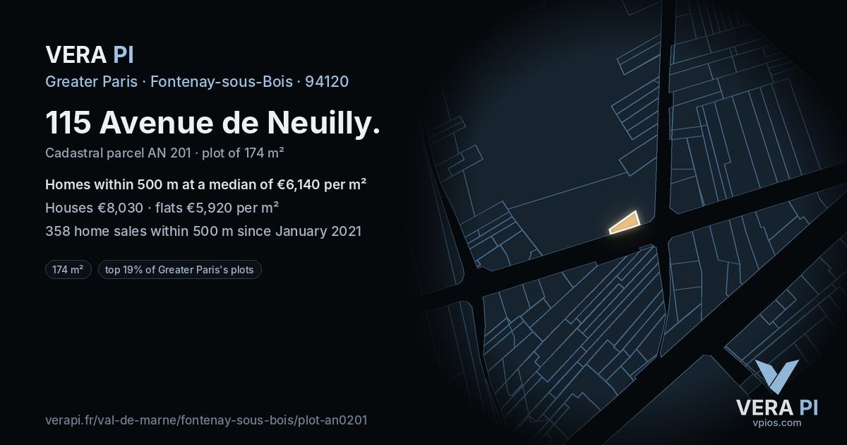 115 Avenue de Neuilly, Fontenay-sous-Bois at night – the plot lit, the parcels around coloured by the prices near them