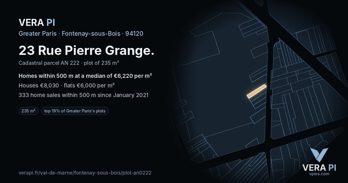 23 Rue Pierre Grange, Fontenay-sous-Bois at night – the plot lit, the parcels around coloured by the prices near them