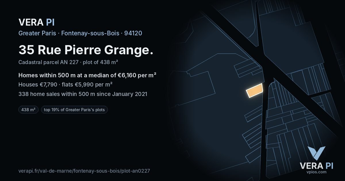 35 Rue Pierre Grange, Fontenay-sous-Bois at night – the plot lit, the parcels around coloured by the prices near them