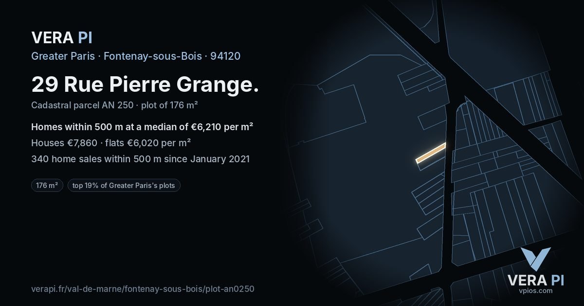 29 Rue Pierre Grange, Fontenay-sous-Bois at night – the plot lit, the parcels around coloured by the prices near them