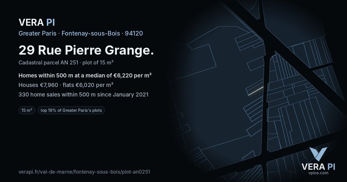29 Rue Pierre Grange, Fontenay-sous-Bois at night – the plot lit, the parcels around coloured by the prices near them