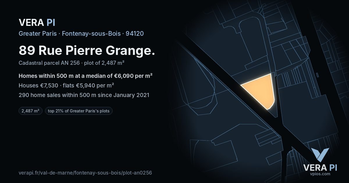 89 Rue Pierre Grange, Fontenay-sous-Bois at night – the plot lit, the parcels around coloured by the prices near them