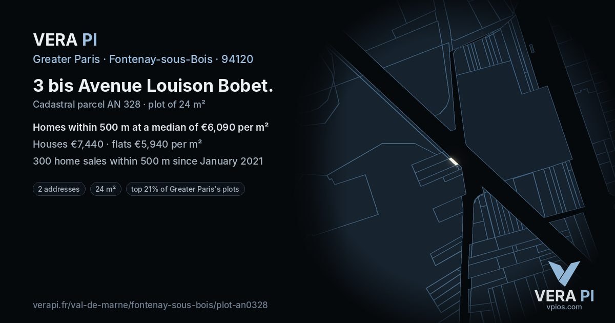 3 bis Avenue Louison Bobet, Fontenay-sous-Bois at night – the plot lit, the parcels around coloured by the prices near them