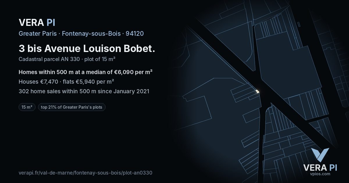 3 bis Avenue Louison Bobet, Fontenay-sous-Bois at night – the plot lit, the parcels around coloured by the prices near them