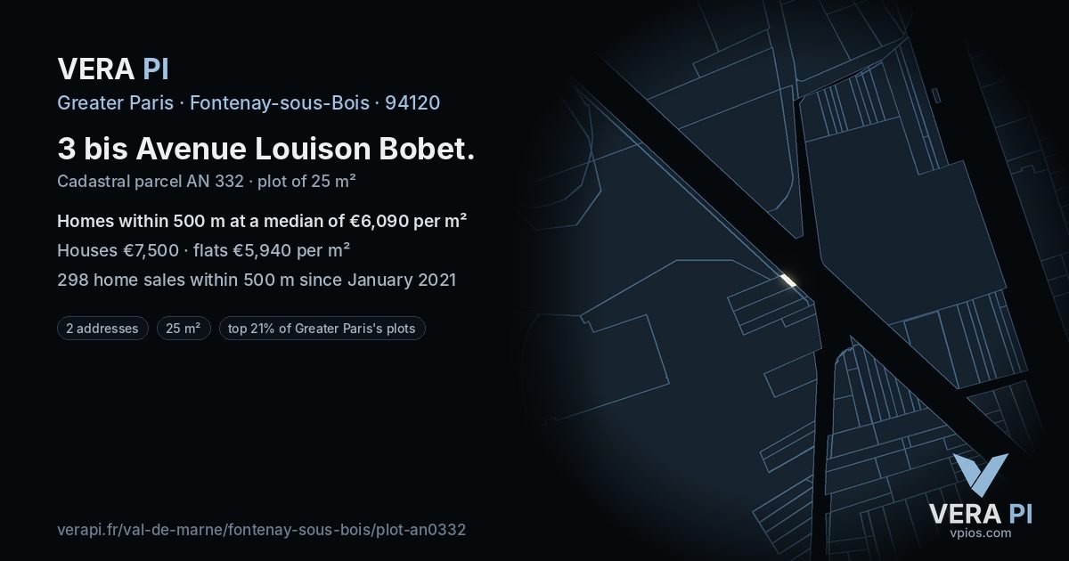 3 bis Avenue Louison Bobet, Fontenay-sous-Bois at night – the plot lit, the parcels around coloured by the prices near them