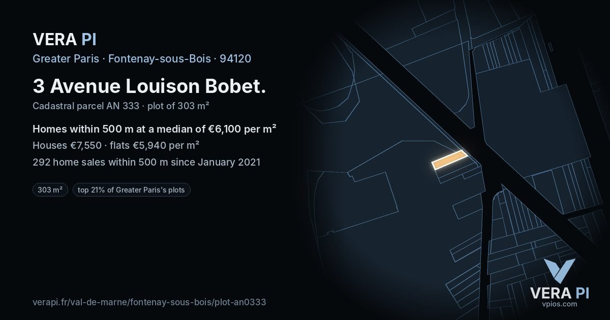 3 Avenue Louison Bobet, Fontenay-sous-Bois at night – the plot lit, the parcels around coloured by the prices near them