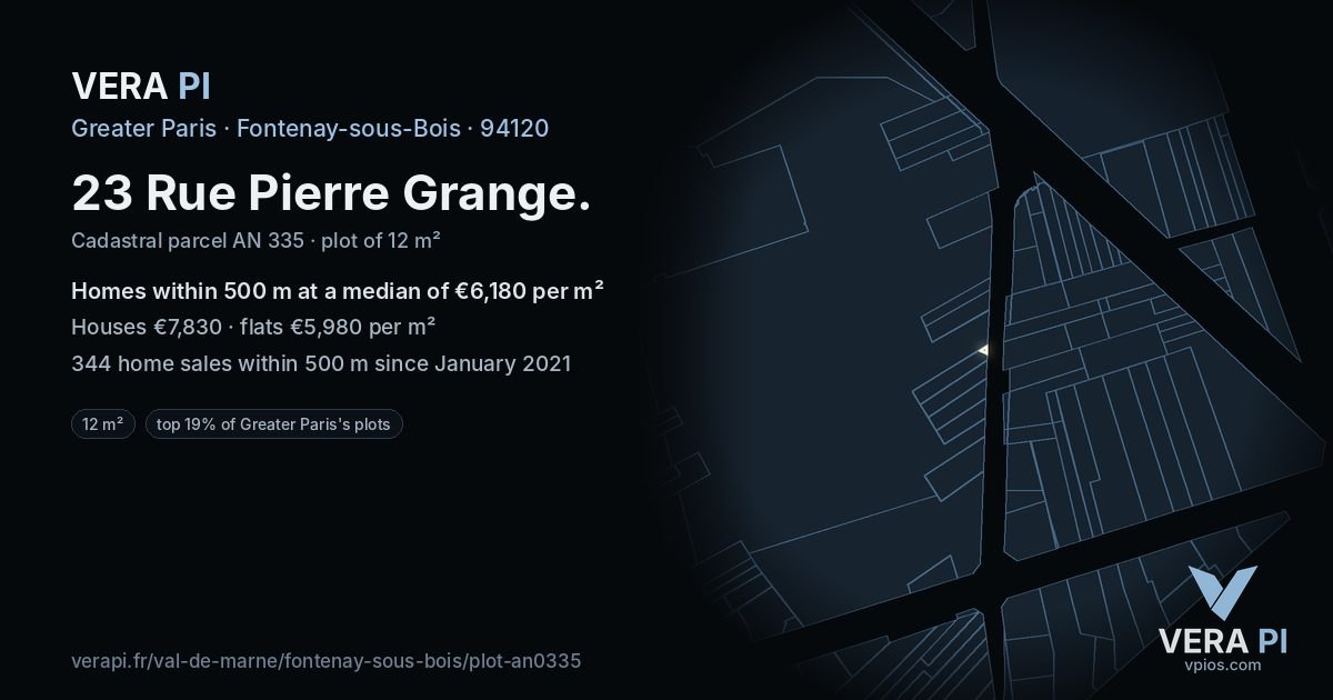 23 Rue Pierre Grange, Fontenay-sous-Bois at night – the plot lit, the parcels around coloured by the prices near them
