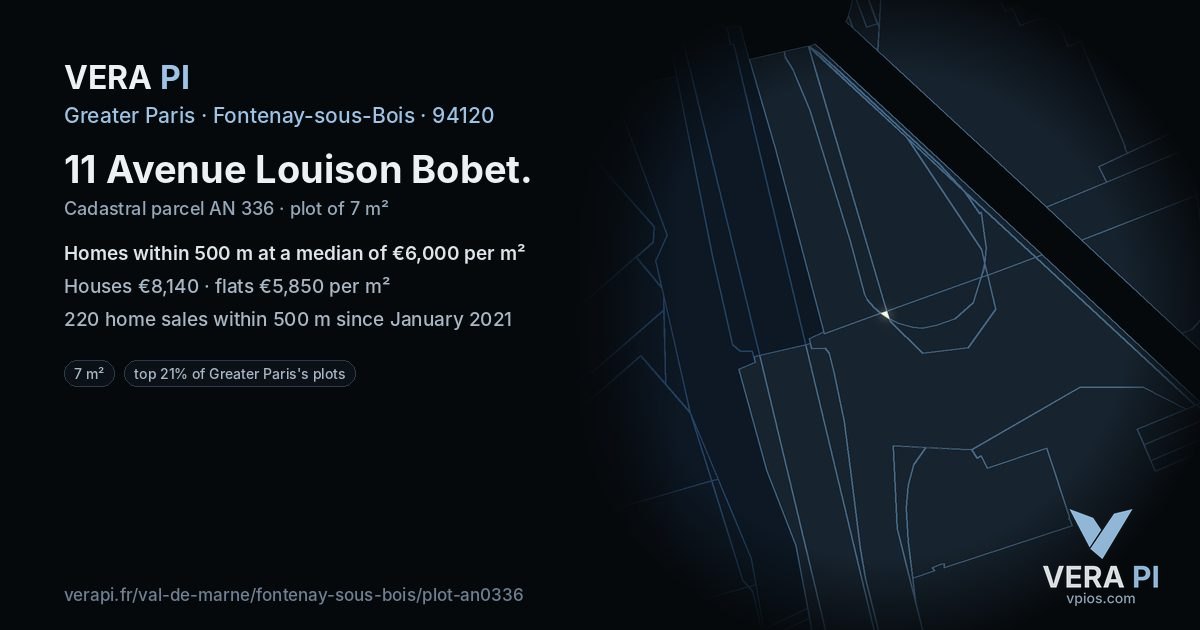 11 Avenue Louison Bobet, Fontenay-sous-Bois at night – the plot lit, the parcels around coloured by the prices near them