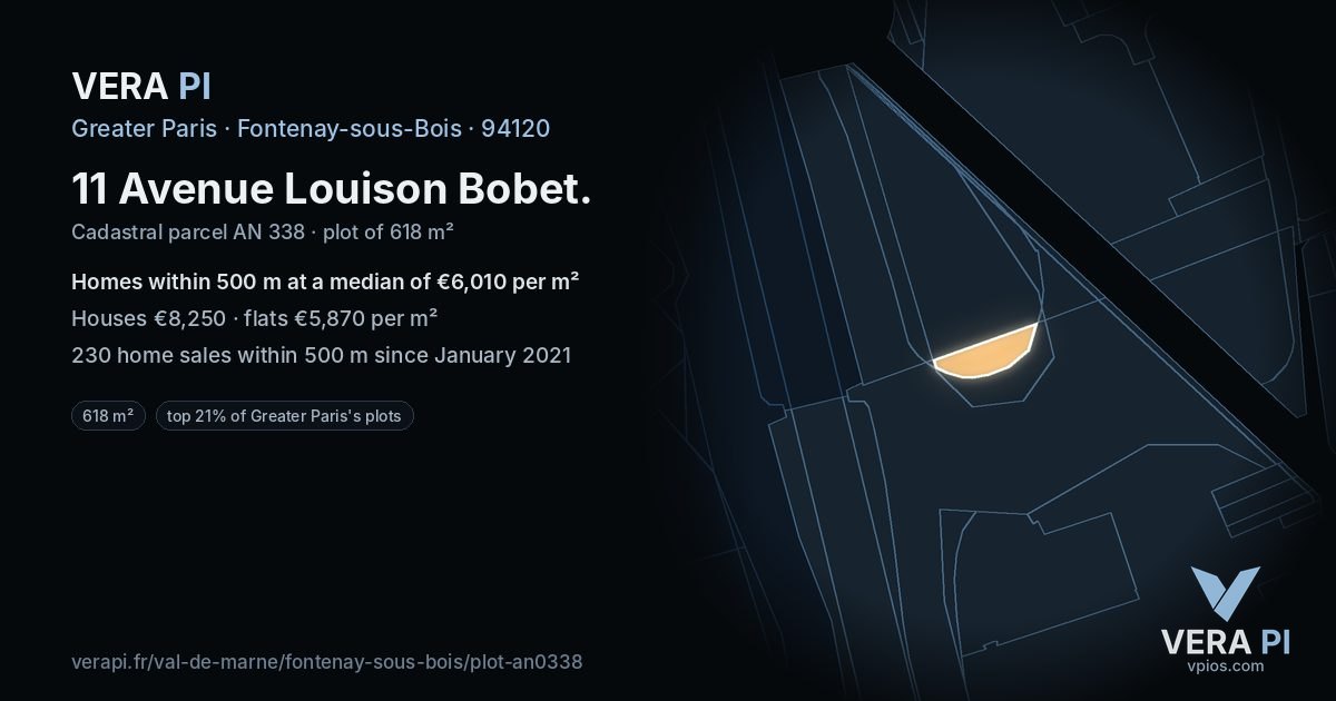 11 Avenue Louison Bobet, Fontenay-sous-Bois at night – the plot lit, the parcels around coloured by the prices near them