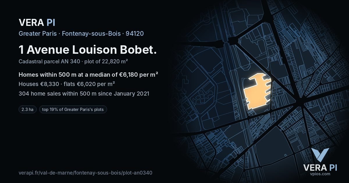 1 Avenue Louison Bobet, Fontenay-sous-Bois at night – the plot lit, the parcels around coloured by the prices near them