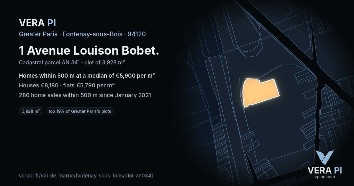 1 Avenue Louison Bobet, Fontenay-sous-Bois at night – the plot lit, the parcels around coloured by the prices near them