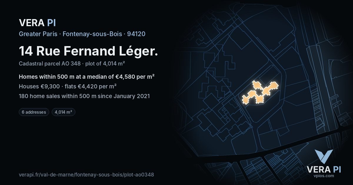 14 Rue Fernand Léger, Fontenay-sous-Bois at night – the plot lit, the parcels around coloured by the prices near them