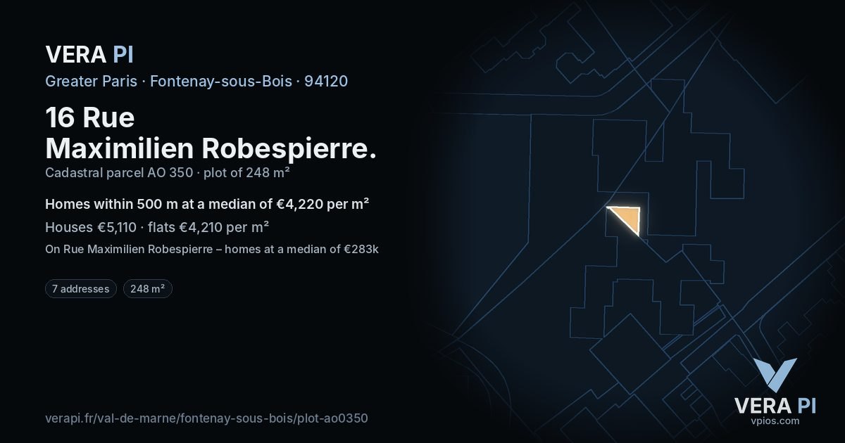 16 Rue Maximilien Robespierre, Fontenay-sous-Bois at night – the plot lit, the parcels around coloured by the prices near them