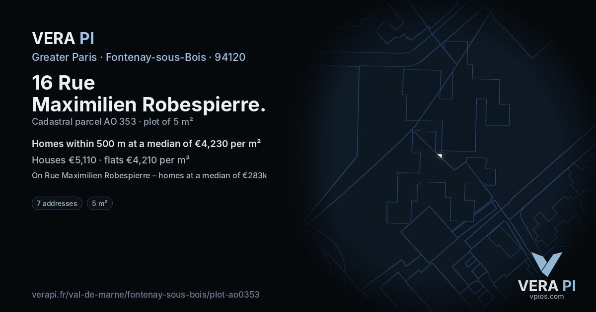 16 Rue Maximilien Robespierre, Fontenay-sous-Bois at night – the plot lit, the parcels around coloured by the prices near them