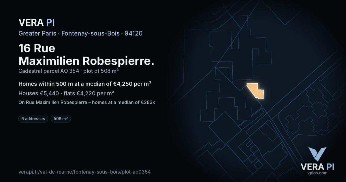 16 Rue Maximilien Robespierre, Fontenay-sous-Bois at night – the plot lit, the parcels around coloured by the prices near them