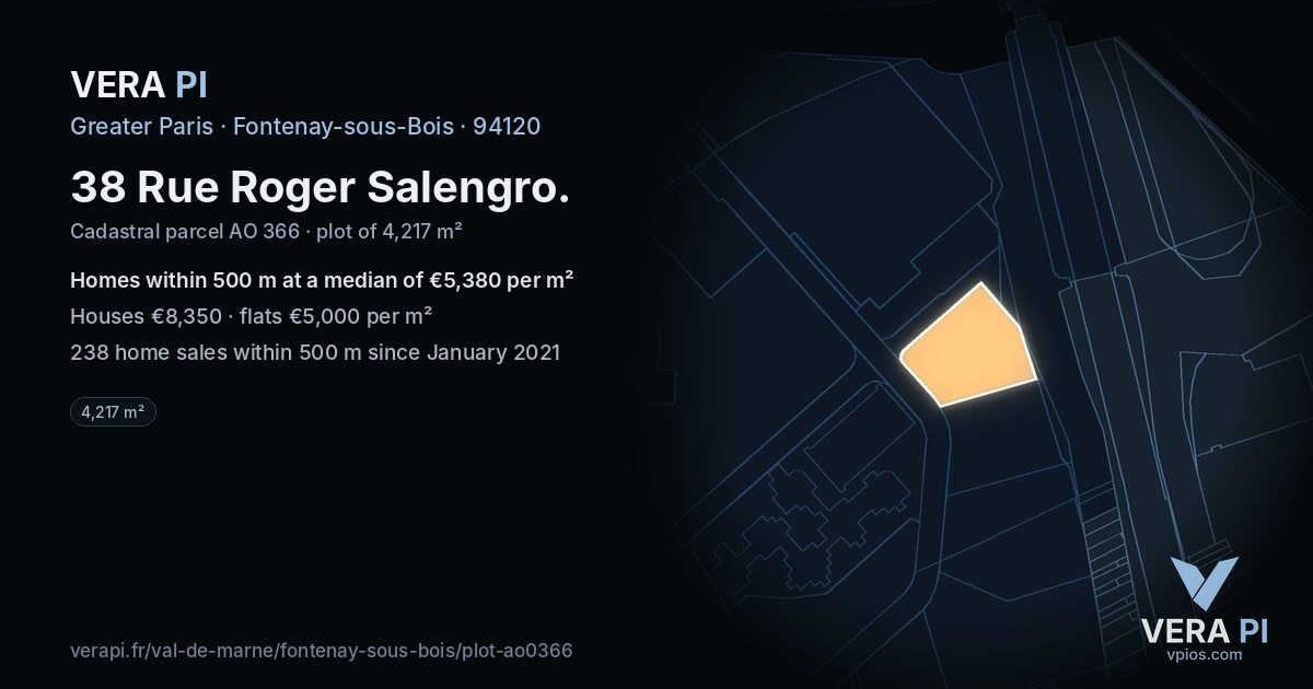 38 Rue Roger Salengro, Fontenay-sous-Bois at night – the plot lit, the parcels around coloured by the prices near them