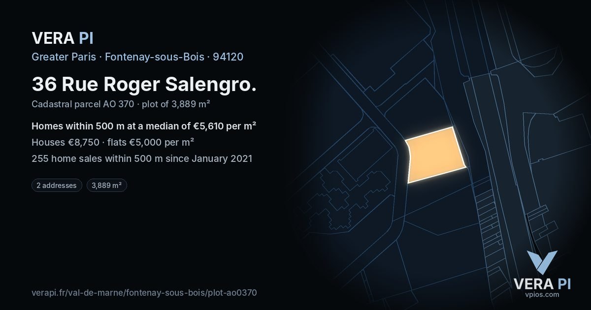 36 Rue Roger Salengro, Fontenay-sous-Bois at night – the plot lit, the parcels around coloured by the prices near them