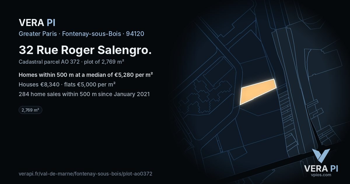 32 Rue Roger Salengro, Fontenay-sous-Bois at night – the plot lit, the parcels around coloured by the prices near them