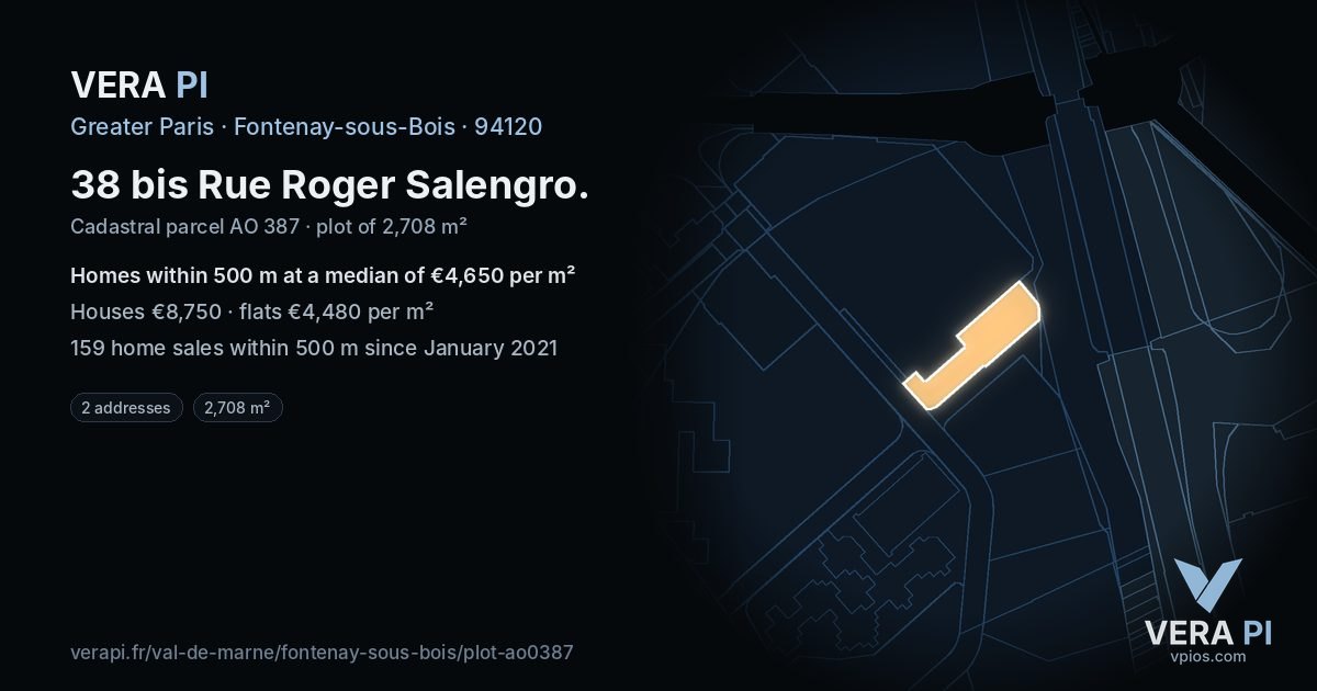 38 bis Rue Roger Salengro, Fontenay-sous-Bois at night – the plot lit, the parcels around coloured by the prices near them