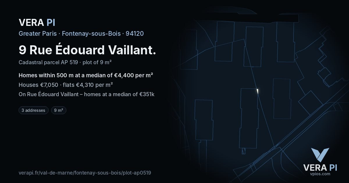 9 Rue Édouard Vaillant, Fontenay-sous-Bois at night – the plot lit, the parcels around coloured by the prices near them
