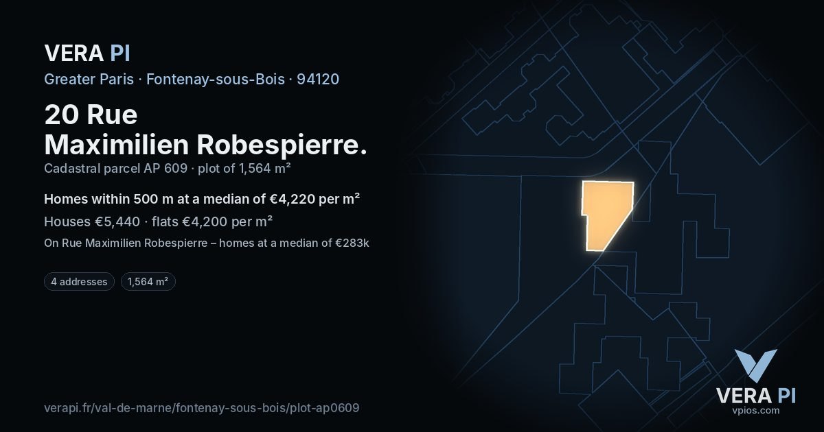 20 Rue Maximilien Robespierre, Fontenay-sous-Bois at night – the plot lit, the parcels around coloured by the prices near them