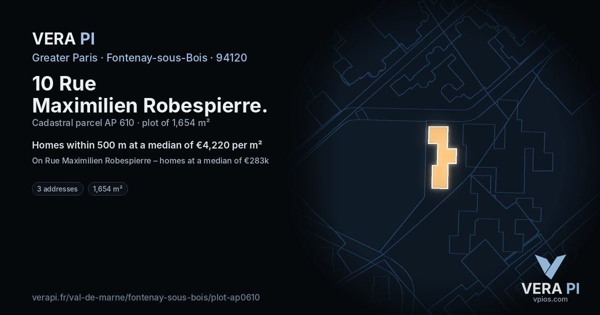 10 Rue Maximilien Robespierre, Fontenay-sous-Bois at night – the plot lit, the parcels around coloured by the prices near them
