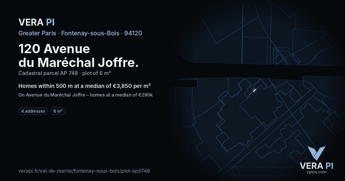 120 Avenue du Maréchal Joffre, Fontenay-sous-Bois at night – the plot lit, the parcels around coloured by the prices near them