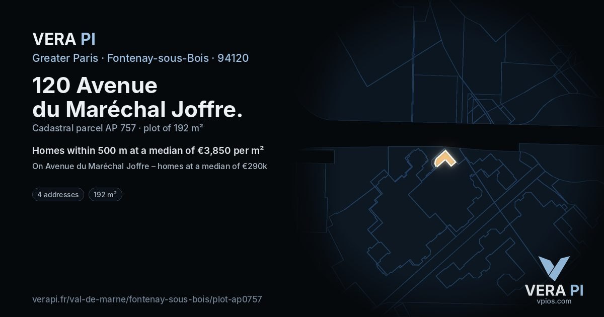 120 Avenue du Maréchal Joffre, Fontenay-sous-Bois at night – the plot lit, the parcels around coloured by the prices near them