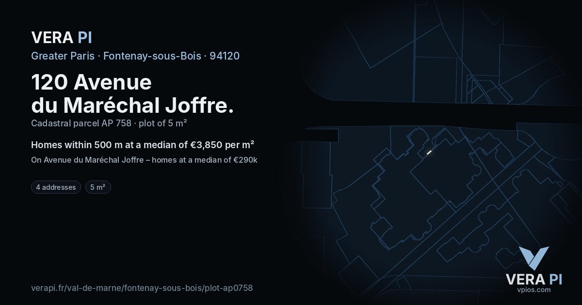 120 Avenue du Maréchal Joffre, Fontenay-sous-Bois at night – the plot lit, the parcels around coloured by the prices near them