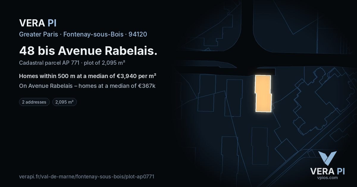 48 bis Avenue Rabelais, Fontenay-sous-Bois at night – the plot lit, the parcels around coloured by the prices near them