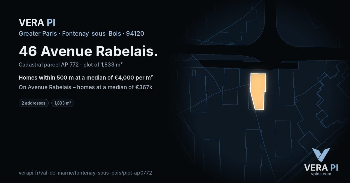 46 Avenue Rabelais, Fontenay-sous-Bois at night – the plot lit, the parcels around coloured by the prices near them