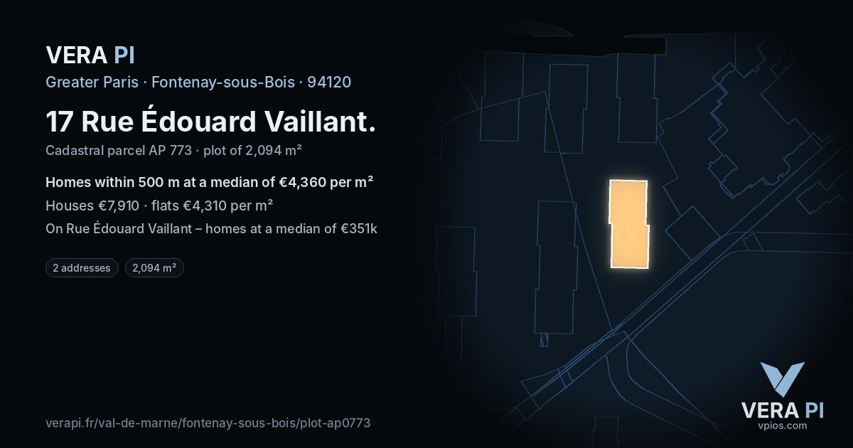 17 Rue Édouard Vaillant, Fontenay-sous-Bois at night – the plot lit, the parcels around coloured by the prices near them