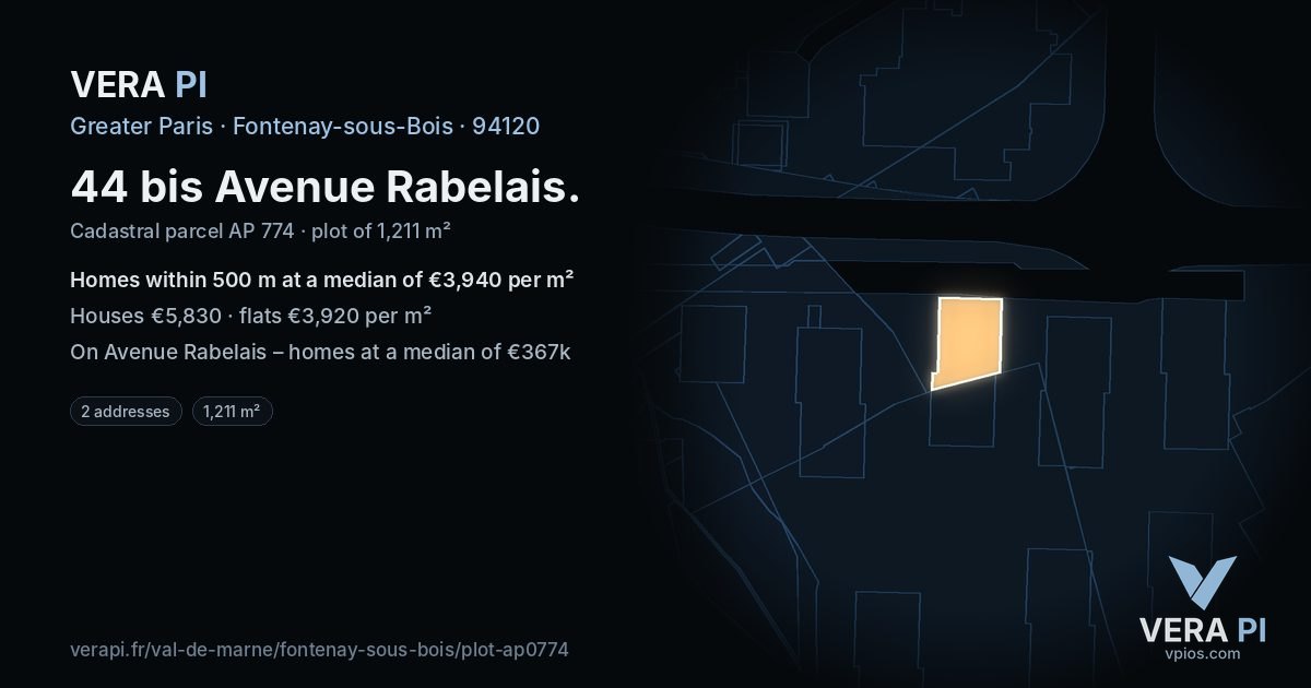 44 bis Avenue Rabelais, Fontenay-sous-Bois at night – the plot lit, the parcels around coloured by the prices near them