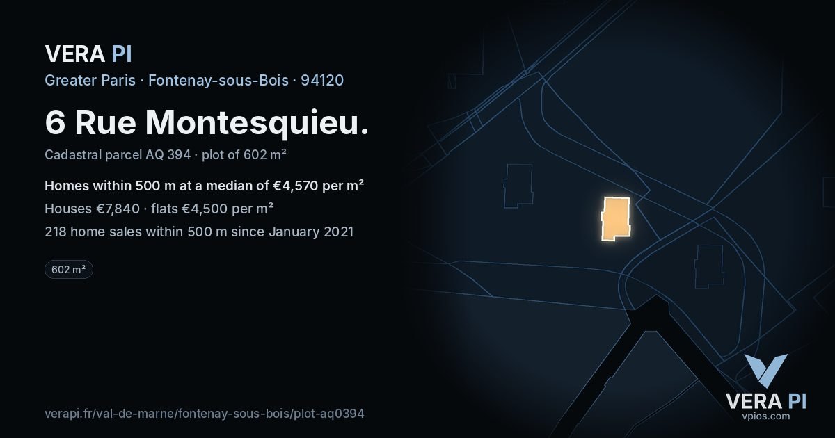 6 Rue Montesquieu, Fontenay-sous-Bois at night – the plot lit, the parcels around coloured by the prices near them