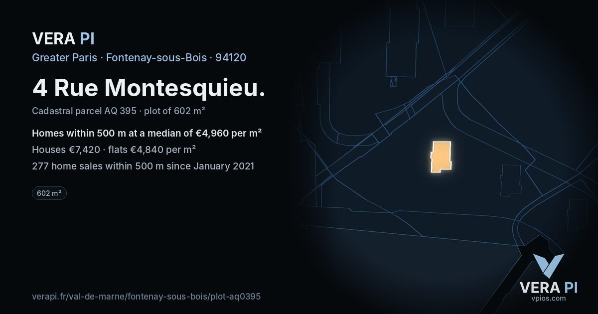 4 Rue Montesquieu, Fontenay-sous-Bois at night – the plot lit, the parcels around coloured by the prices near them