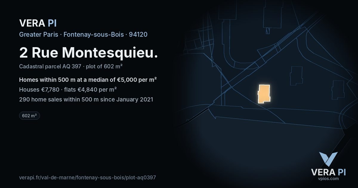2 Rue Montesquieu, Fontenay-sous-Bois at night – the plot lit, the parcels around coloured by the prices near them