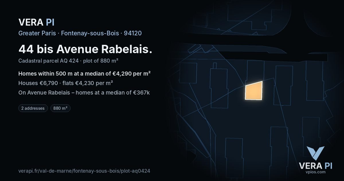 44 bis Avenue Rabelais, Fontenay-sous-Bois at night – the plot lit, the parcels around coloured by the prices near them