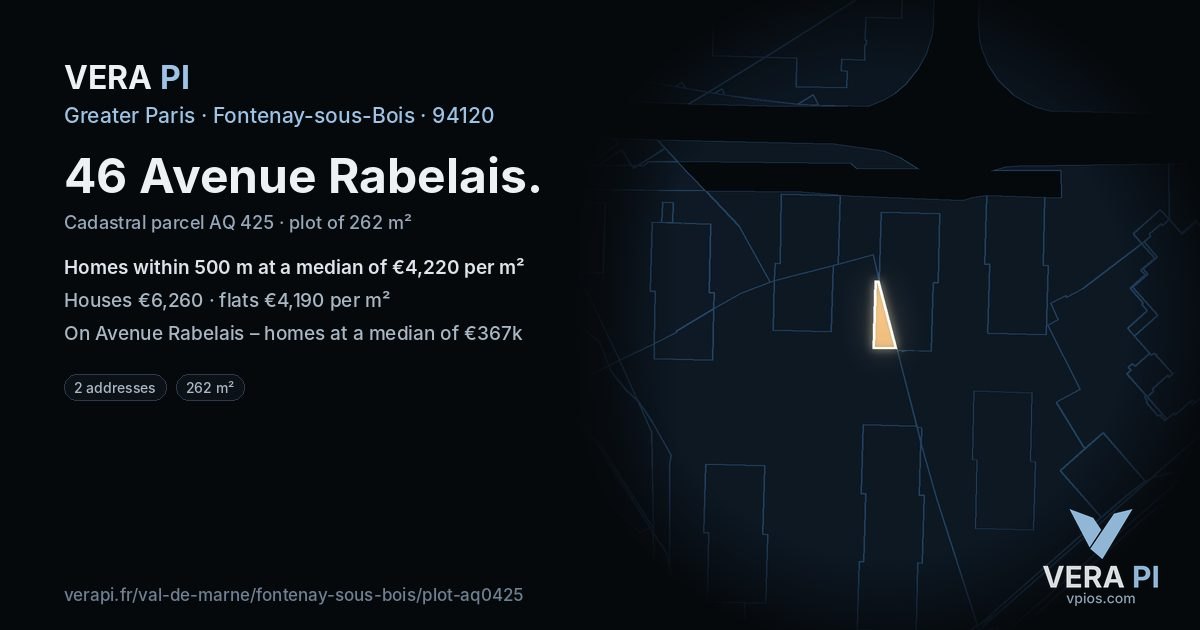 46 Avenue Rabelais, Fontenay-sous-Bois at night – the plot lit, the parcels around coloured by the prices near them