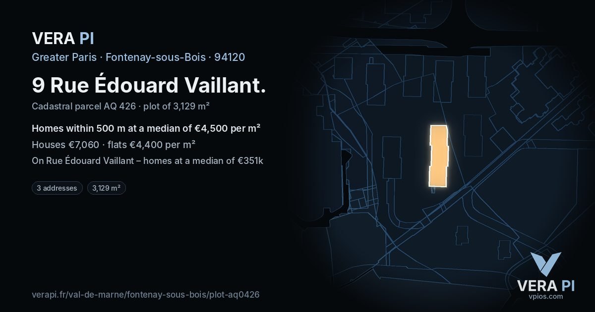 9 Rue Édouard Vaillant, Fontenay-sous-Bois at night – the plot lit, the parcels around coloured by the prices near them