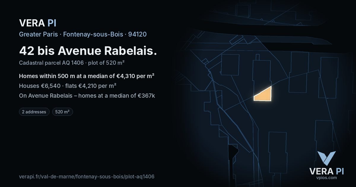 42 bis Avenue Rabelais, Fontenay-sous-Bois at night – the plot lit, the parcels around coloured by the prices near them