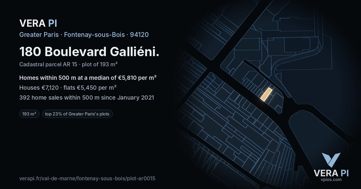 180 Boulevard Galliéni, Fontenay-sous-Bois at night – the plot lit, the parcels around coloured by the prices near them