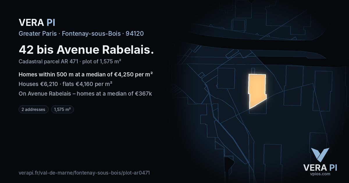 42 bis Avenue Rabelais, Fontenay-sous-Bois at night – the plot lit, the parcels around coloured by the prices near them