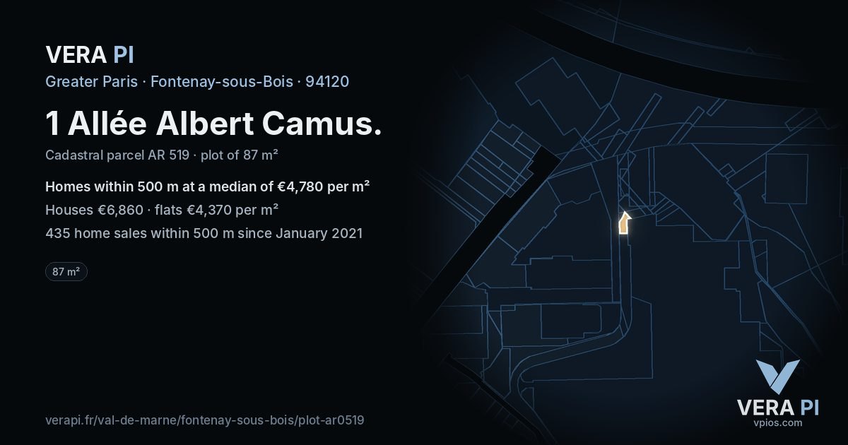 1 Allée Albert Camus, Fontenay-sous-Bois at night – the plot lit, the parcels around coloured by the prices near them
