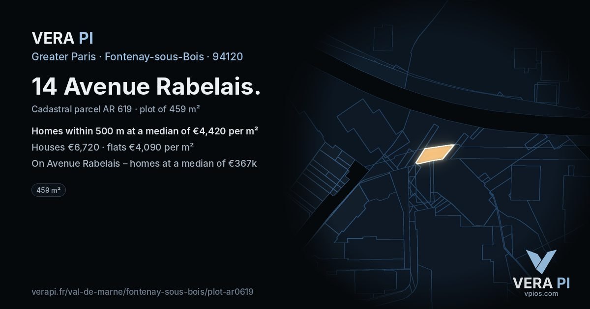 14 Avenue Rabelais, Fontenay-sous-Bois at night – the plot lit, the parcels around coloured by the prices near them